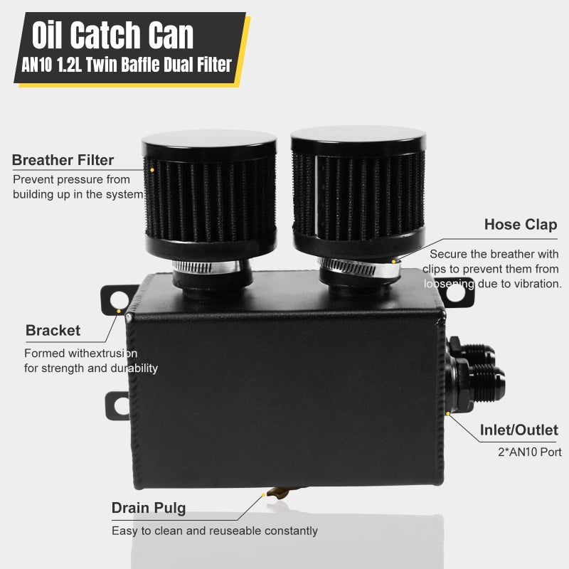 POSENG Universal Aluminum AN10 1.2L Twin Baffle Dual Filter Engine Oil Catch Can Tank With 2 Air Filters Oil Catch Reservoir Tank Can Breather Kit Black - Image 3